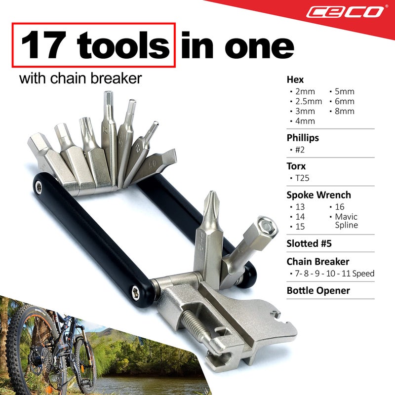 CECO-USA 17 Function Bike Tool with Chain Breaker â€“ Bicycle Multi Tool â€“ Ultra Slim, Compact Pocket Sized, Lightweight â€“ High Strength CR-V 6150 Tool Steel â€“ Easy To Carry - Image 3
